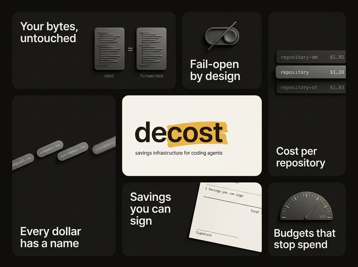 Seven properties of decost: bytes forwarded unchanged, fail-open by design, cost per repository, every dollar attributed to a name, savings you can sign, and budgets that stop spend